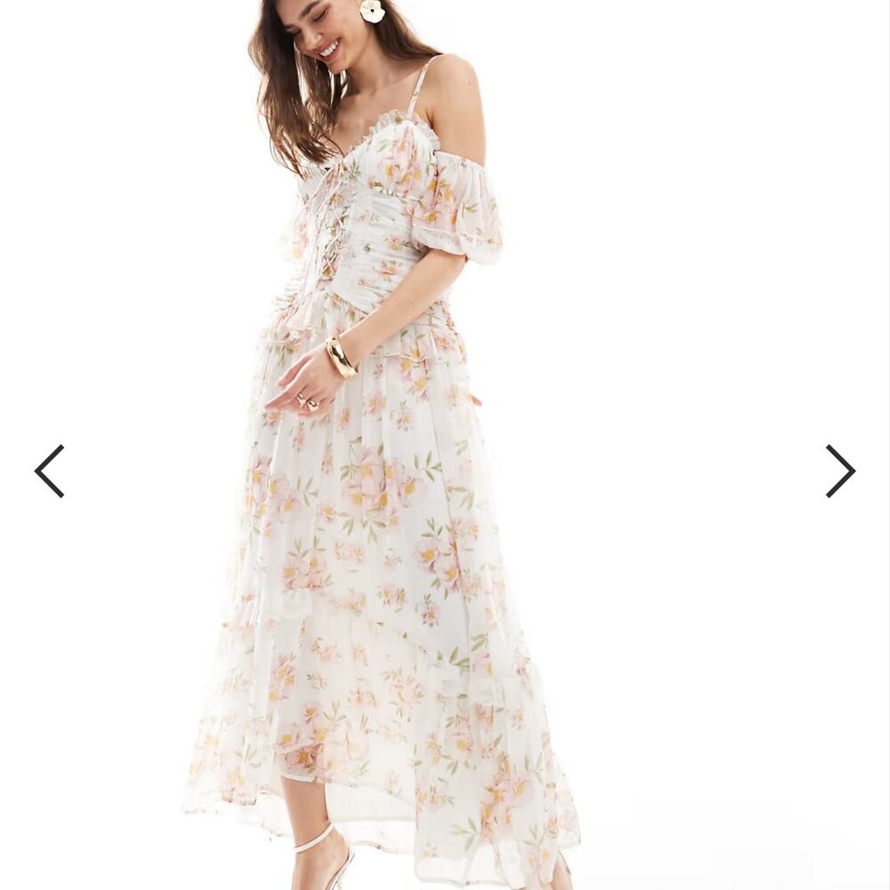ASOS (12) corset bardot sleeve frill lace up dress floral print princess white